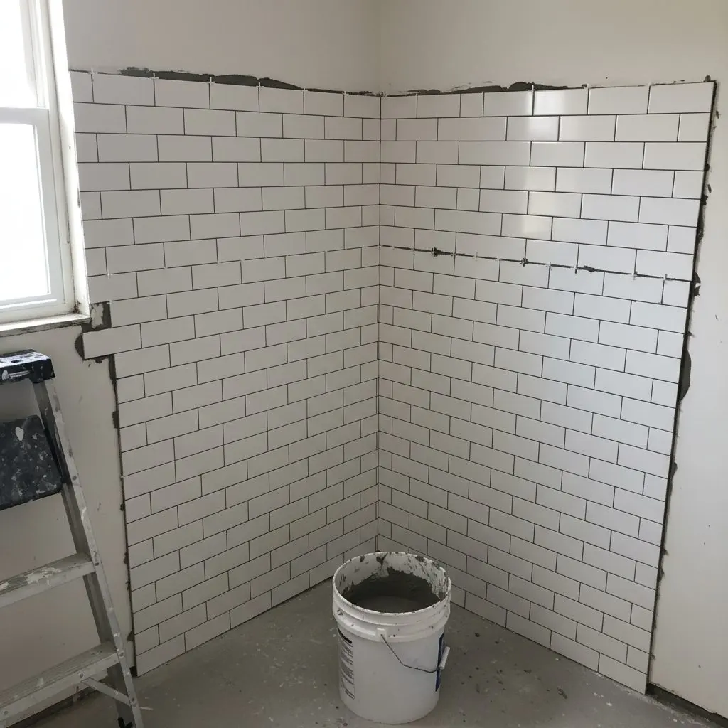 A close shot of new subway tile being set on a shower wall, spacers holding the joints level and a bucket of thinset on the floor beside the ladder.