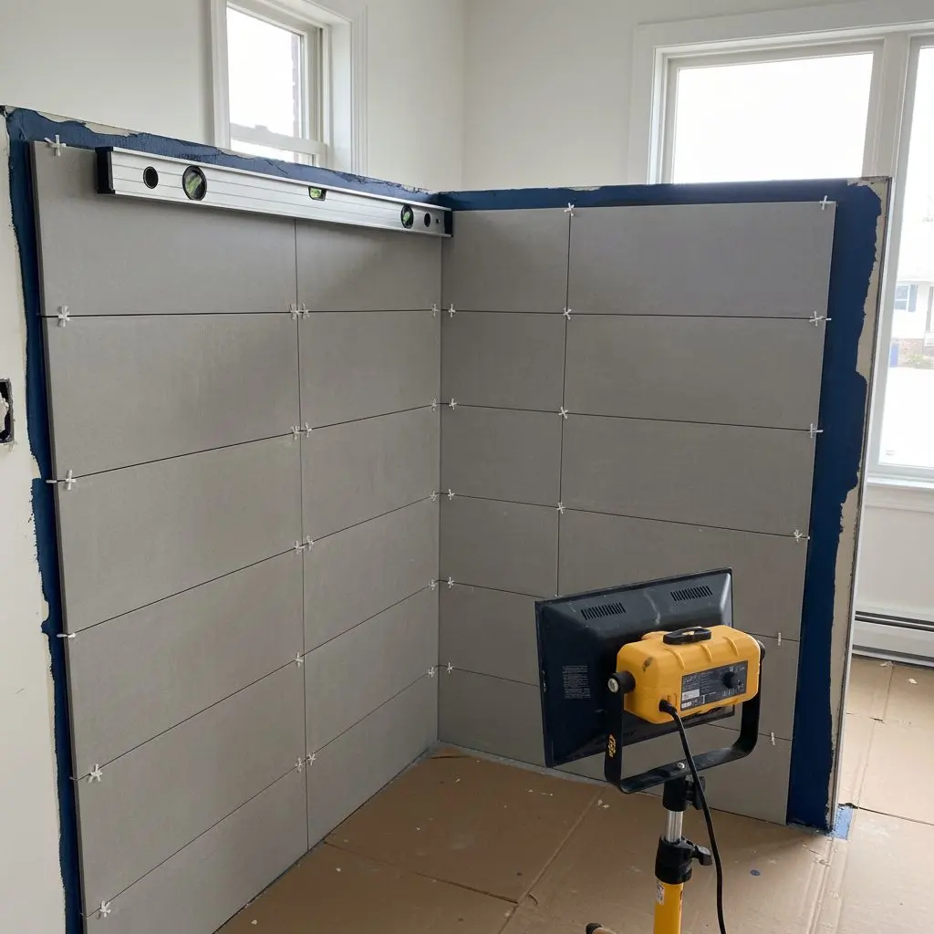 A tiler setting large format wall tile in a stripped bathroom, waterproof membrane visible at the edge of the work, spacers and a level to hand.