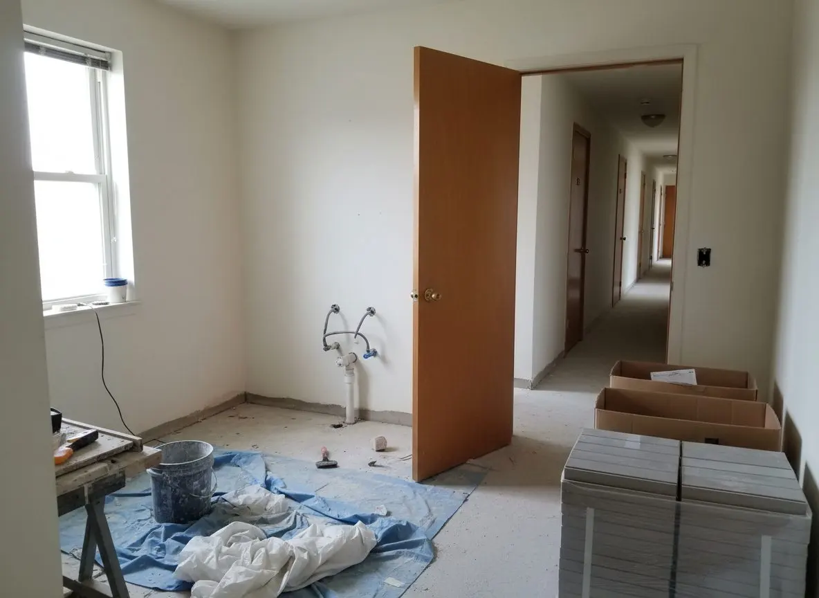 A bathroom mid remodel in an apartment unit, the door propped open onto a hallway with numbered doors and a tile delivery stacked against the wall.