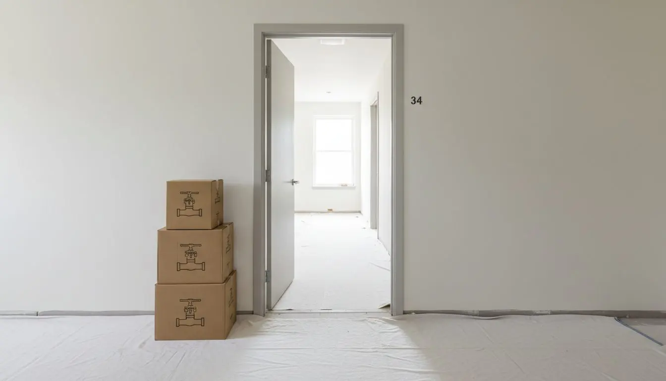 An apartment bathroom door open onto a numbered hallway, drop cloths down and a stack of matching fixture boxes staged against the corridor wall.