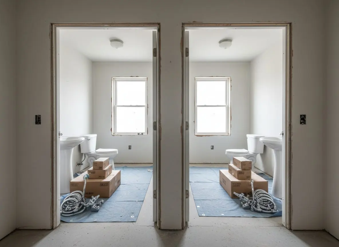 Two identical apartment bathrooms seen through open doors, stripped to the same stage of the same remodel, matching fixtures boxed in each doorway.
