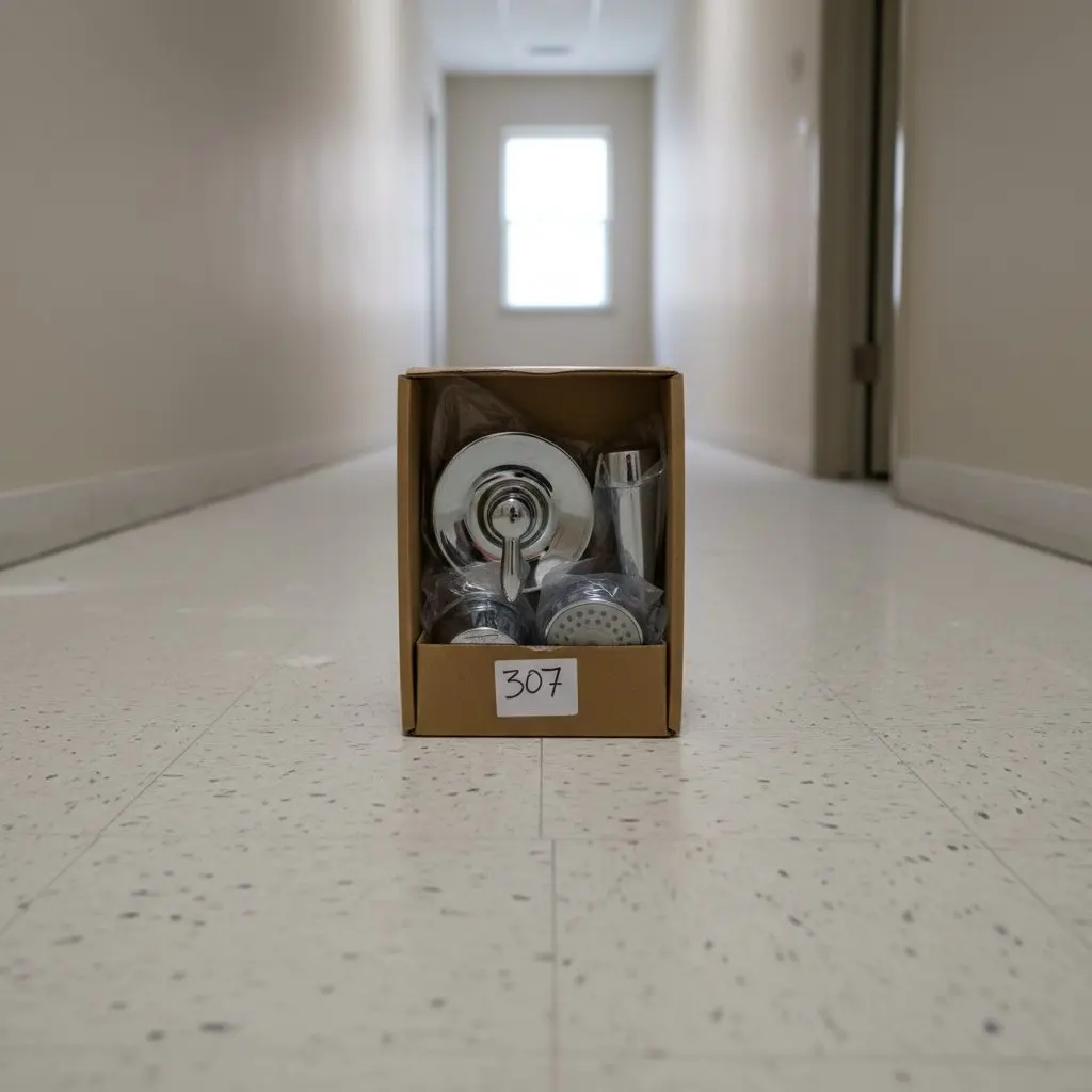 A close shot of a shower valve and a matching fixture set boxed and labeled by unit number, staged on a hallway floor ready for installation.