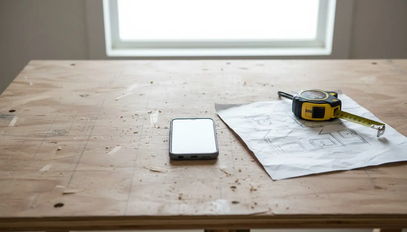 A phone resting beside a rough bathroom sketch and a tape measure on a job site table, ordinary morning light, nothing staged.