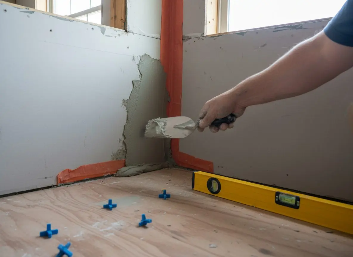 A hand troweling thinset over a waterproofing membrane at a shower corner seam, tile spacers and a level on the subfloor nearby.