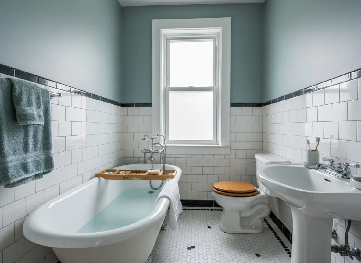 A finished, in-use bathroom in an older house, tiled and fitted, with towels on the rail.