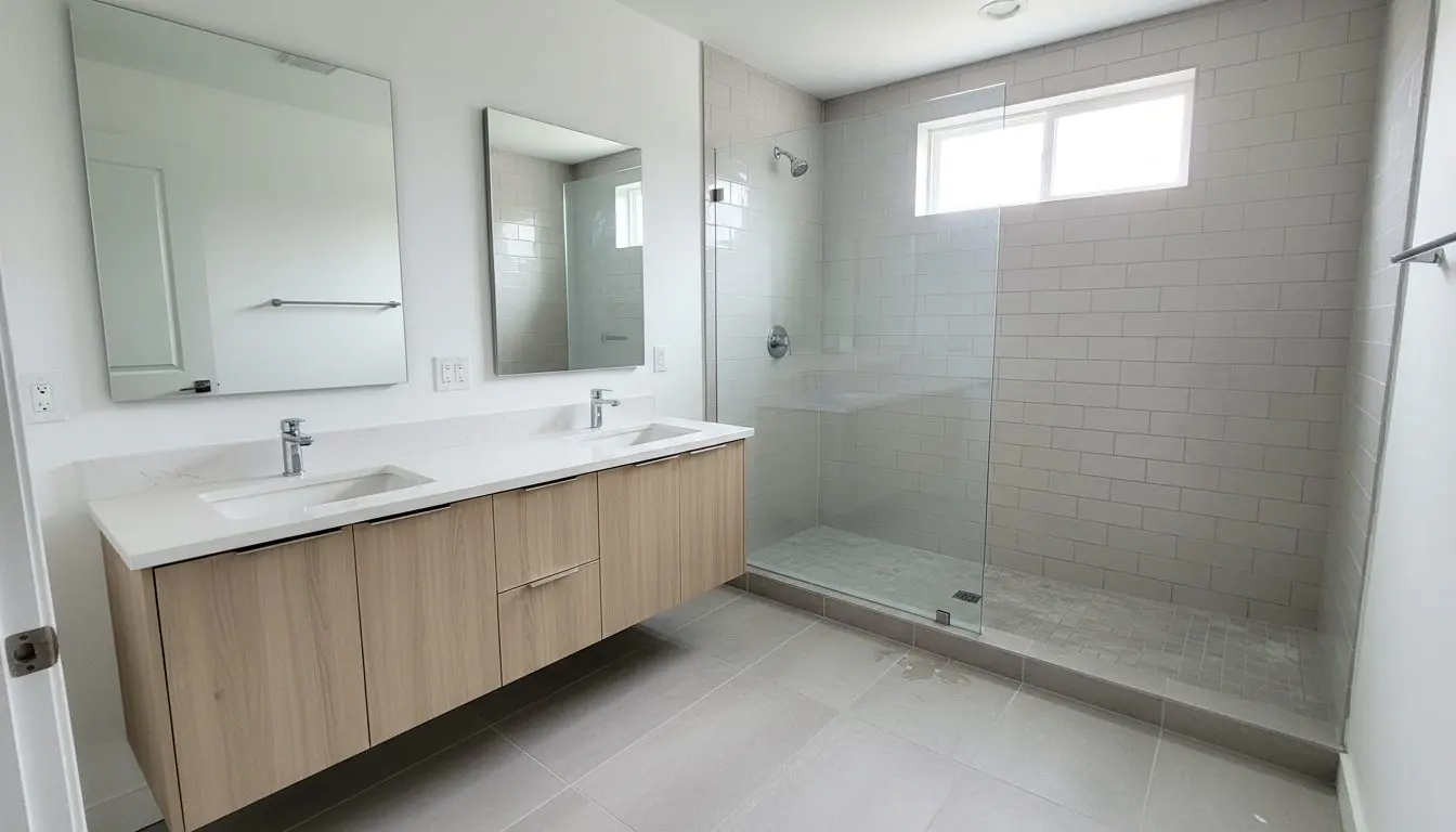 A finished bathroom in a Allentown rowhouse, a tiled walk-in shower with a glass panel, a floating double vanity and daylight from a small window.