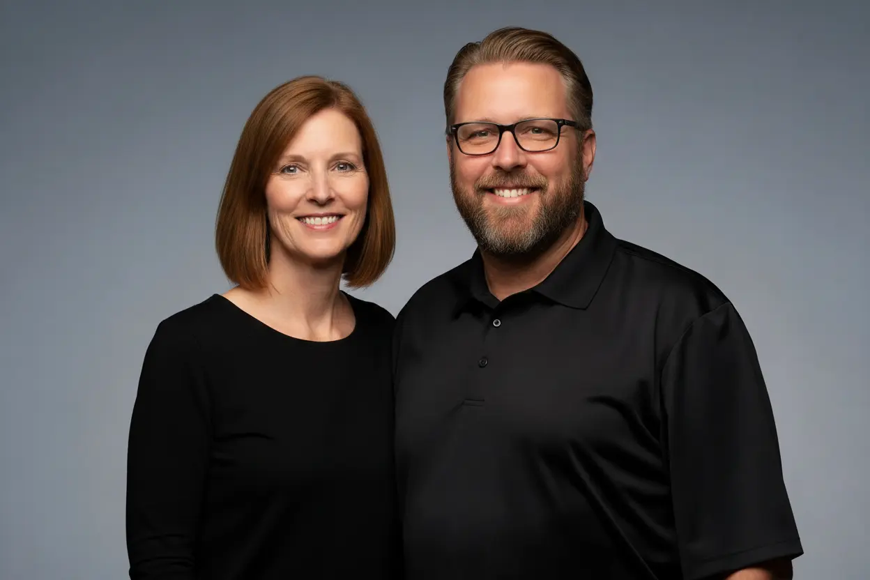 Dave and Ellen Marsh standing side by side in black work shirts against a plain gray backdrop, both smiling at the camera