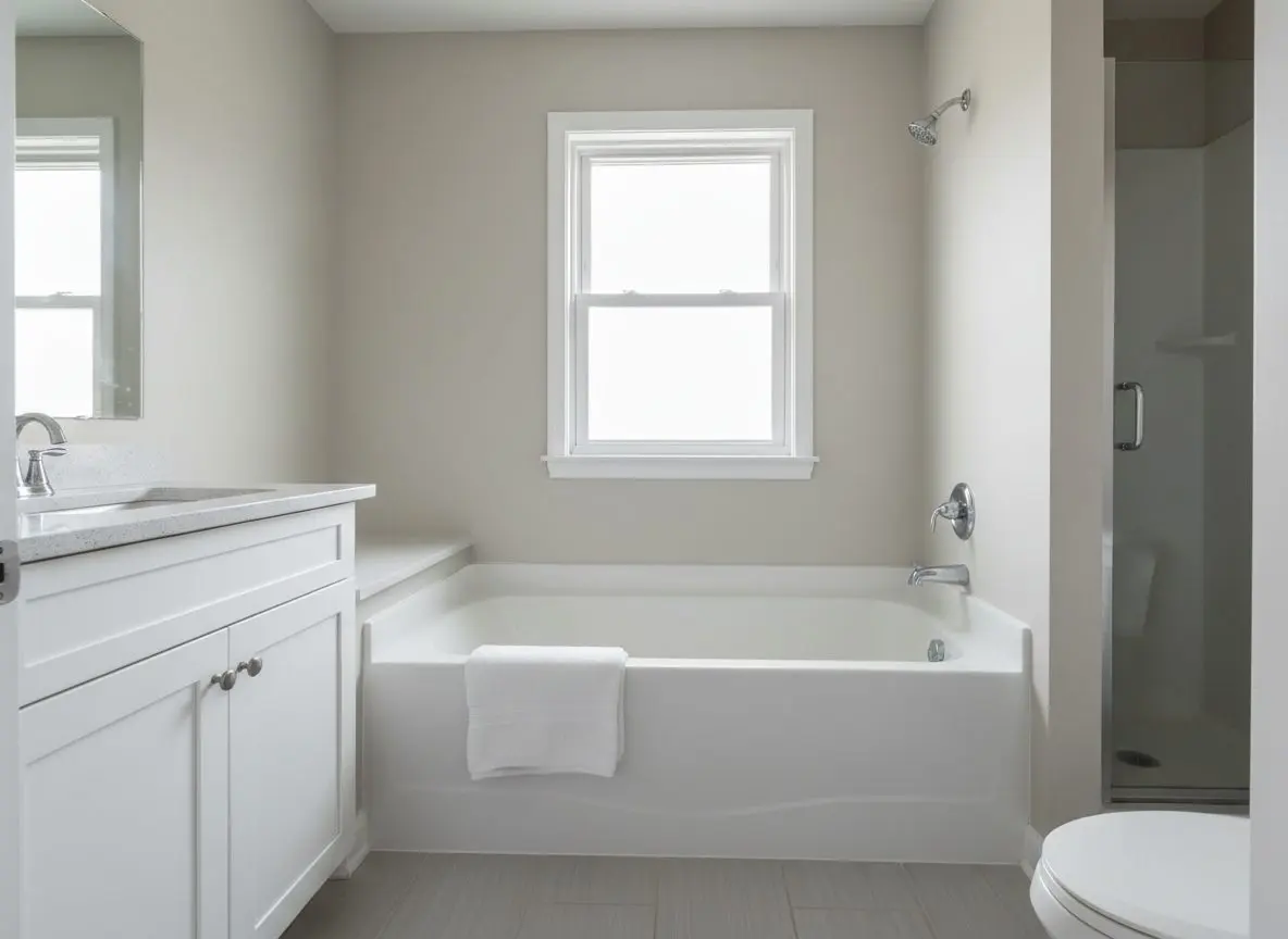A finished bathroom just after the final walkthrough, a towel folded over the tub edge, natural light through the window, nothing staged for a photo.