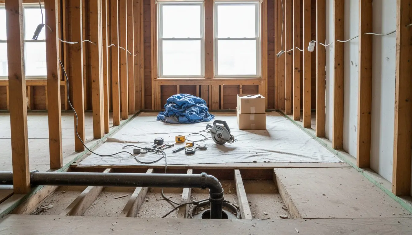 A rowhouse bathroom mid remodel, subfloor exposed and a cast iron waste pipe visible, tile boxes stacked against the wall and tools laid out on a drop cloth.