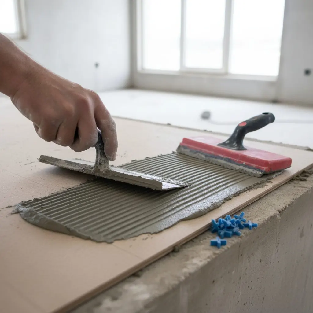 A close shot of a hand troweling thinset onto cement backer board before tile is set, a grout float and a few tile spacers on the ledge beside it.