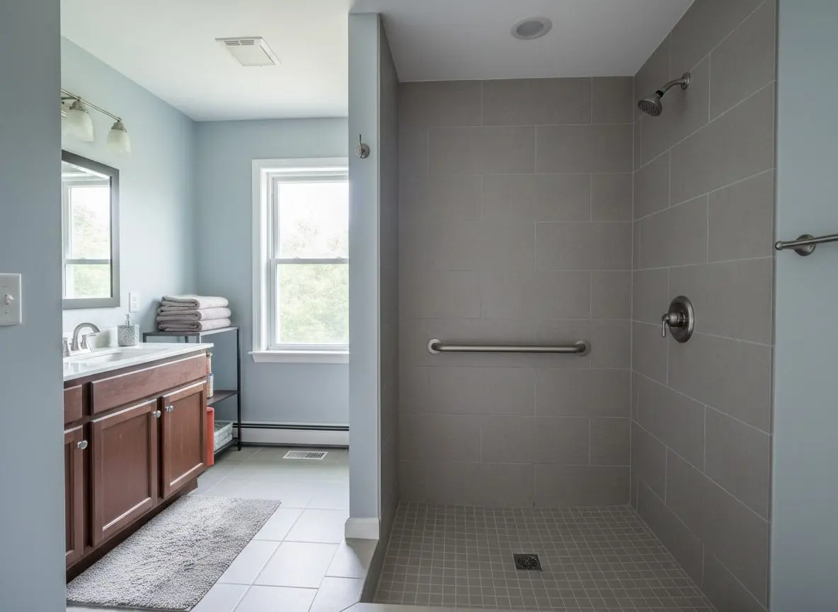 A finished curbless shower with matching tile throughout, a grab rail mounted flush against the wall, no clinical fittings visible.