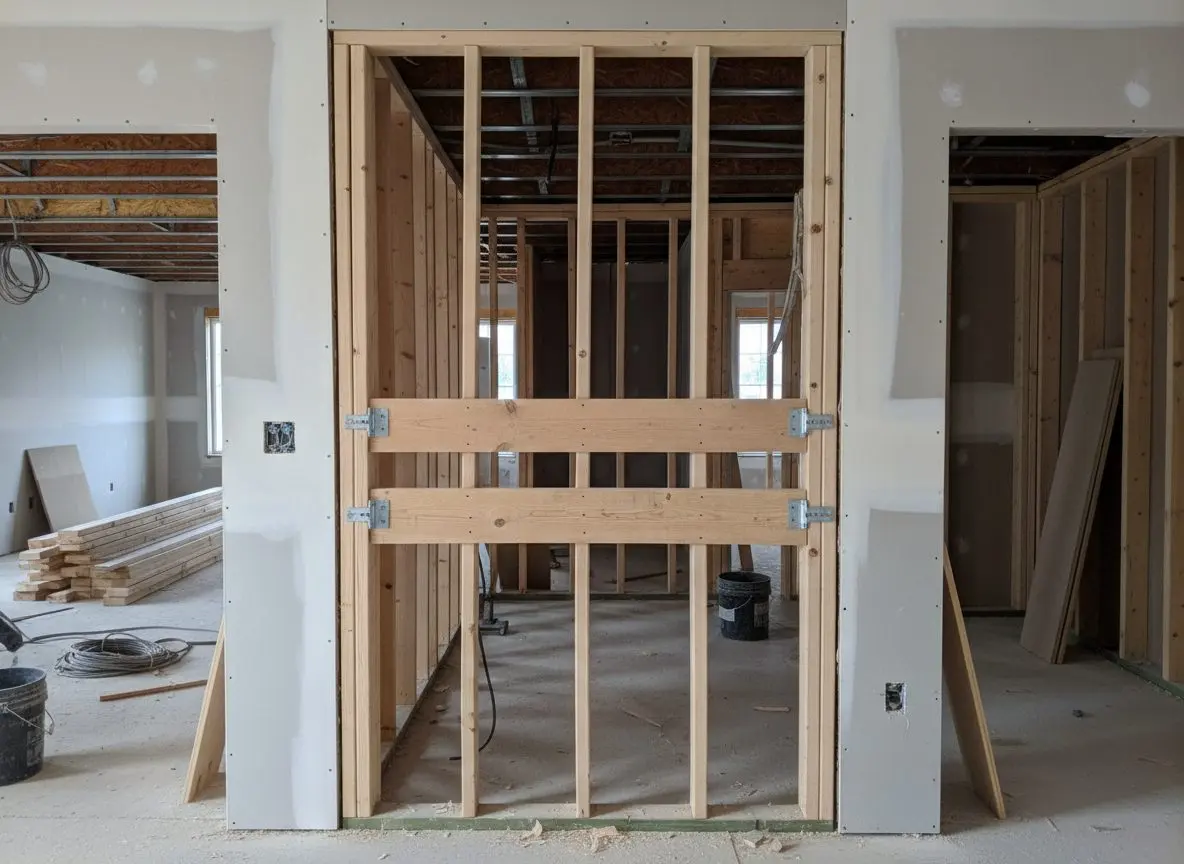 A section of wall opened to studs, solid blocking fastened across it for a future grab rail.
