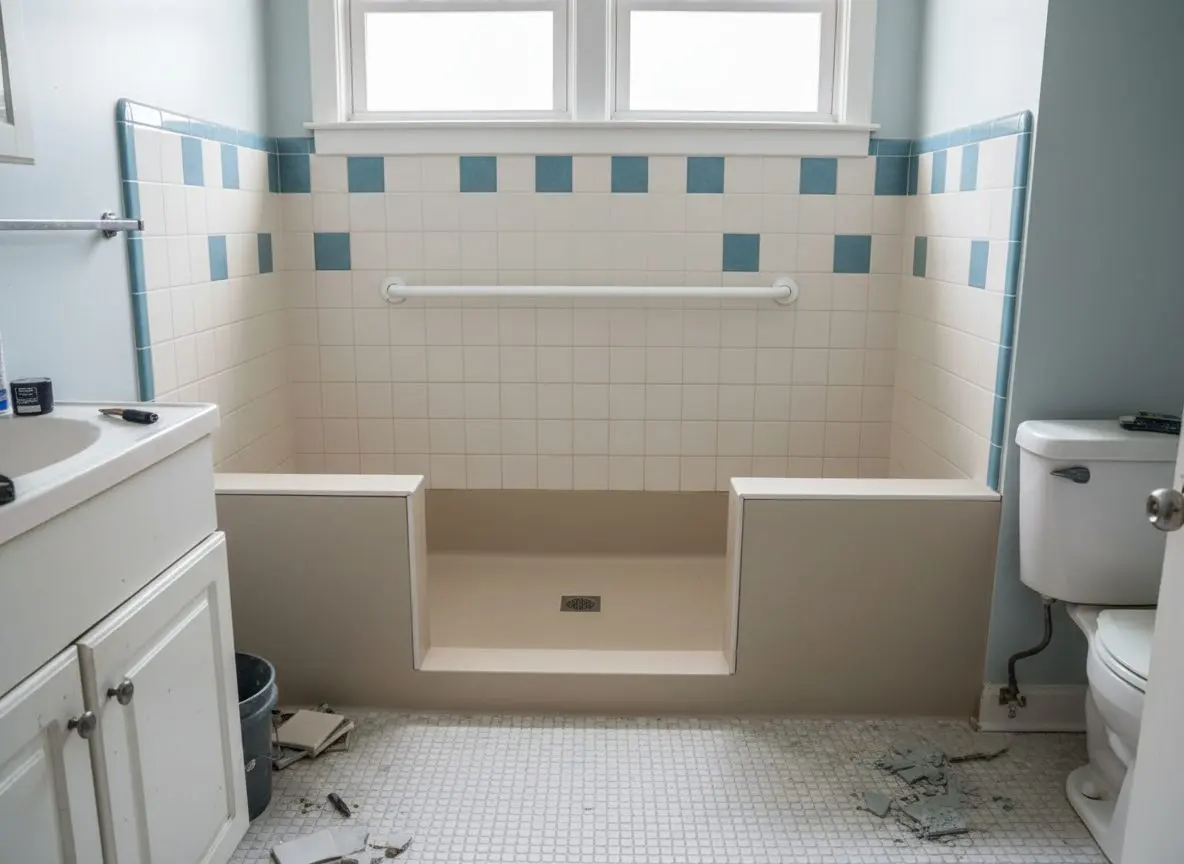 A grab rail and a lowered shower threshold in an otherwise unchanged tub-to-shower conversion.