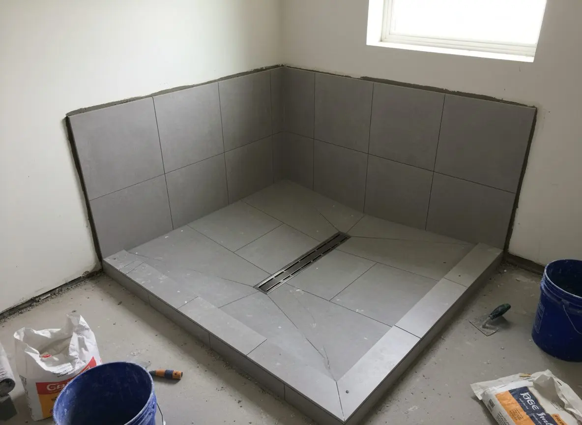 A curbless shower floor sloped toward a linear drain, tile partly set around it.