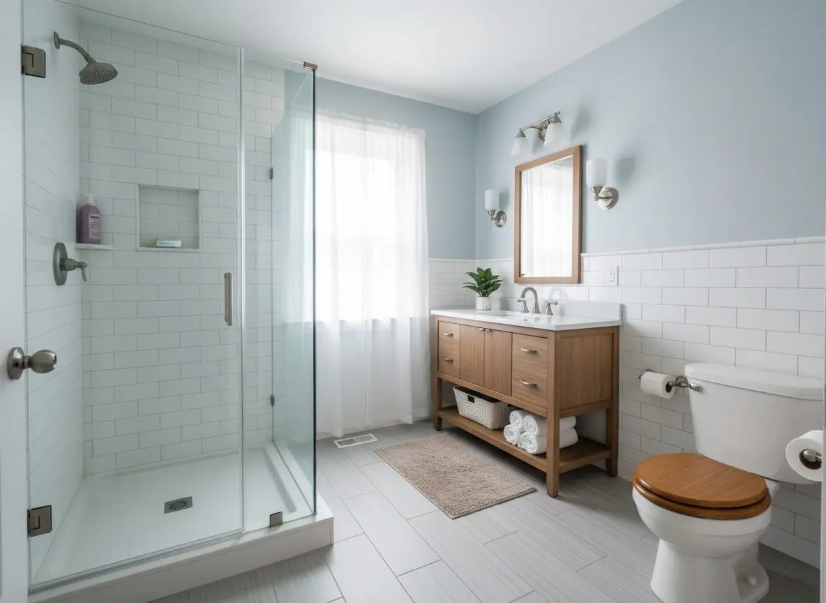 A finished, furnished full bathroom remodel, tile, vanity and shower all complete, nothing mid-project in view.