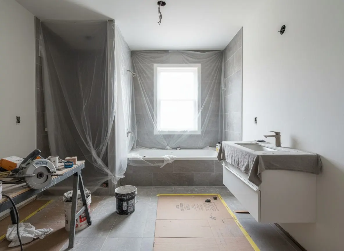 A finished full bathroom remodel shot straight on, new floor, vanity and shower or tub all in frame.