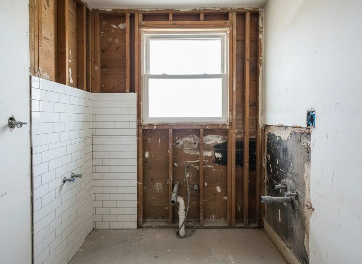 A bathroom mid-remodel with the old tub, tile and fixtures already pulled out and the studs exposed.