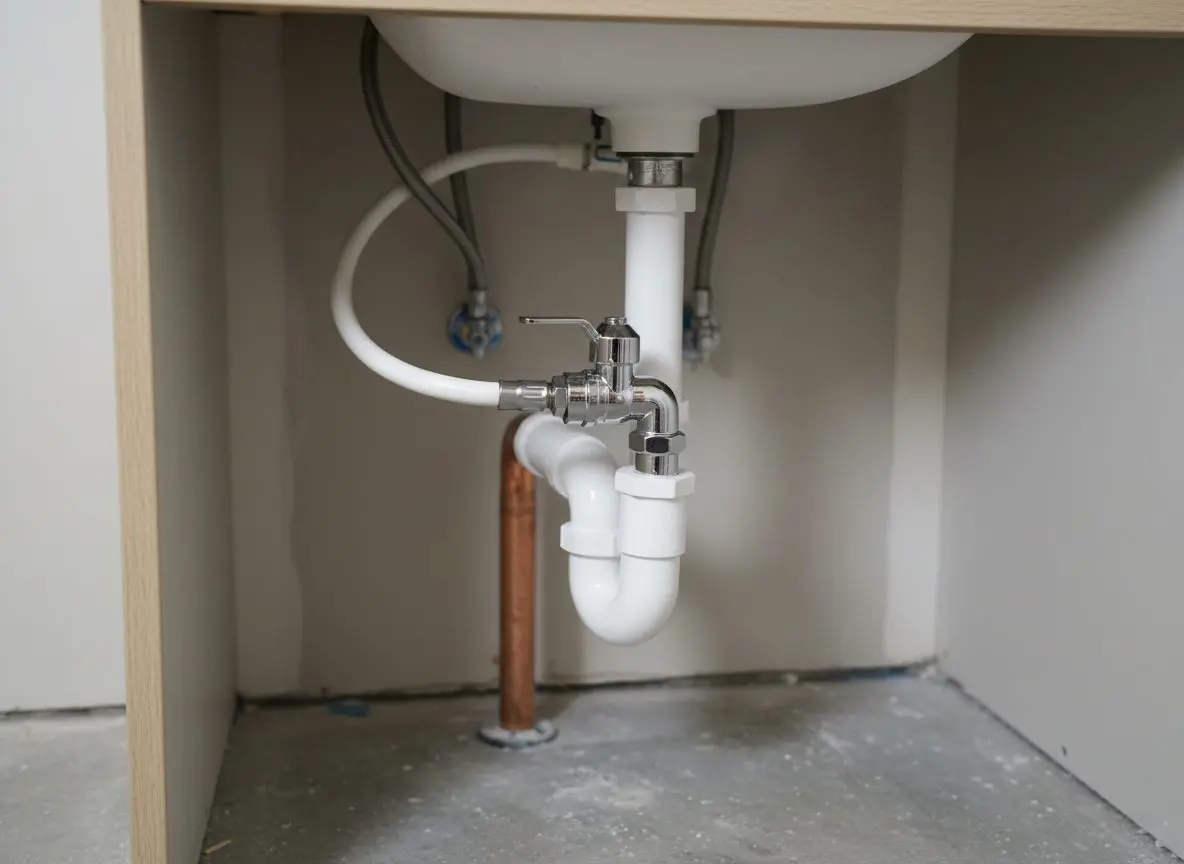 Close shot of a quarter-turn shutoff valve newly fitted under a vanity.