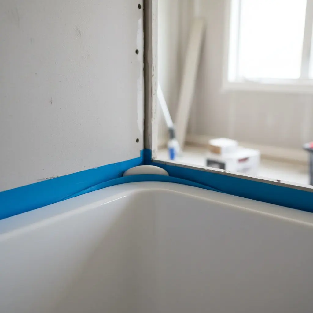 A close shot of a waterproofing membrane being pressed into the corner of a new shower pan, before tile.
