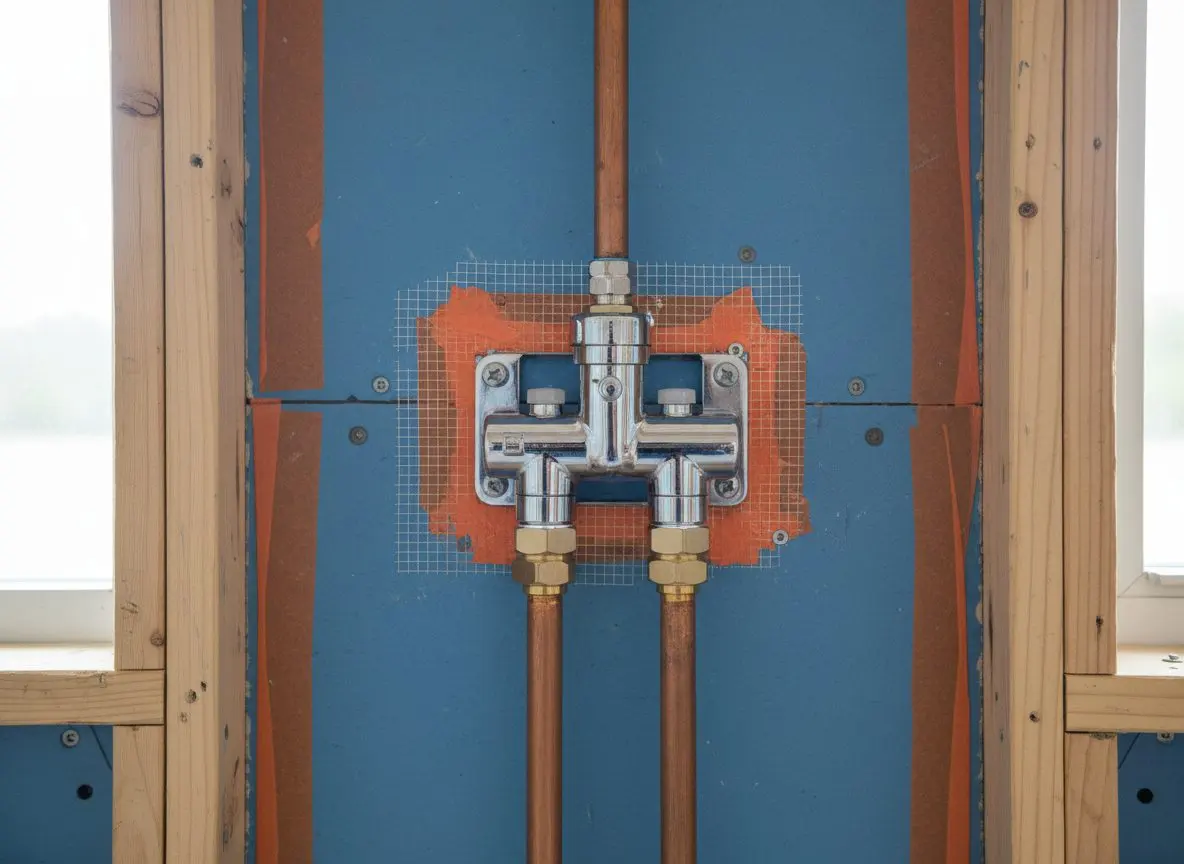 Close shot of a pressure-balanced shower valve newly set into a waterproofed wall.