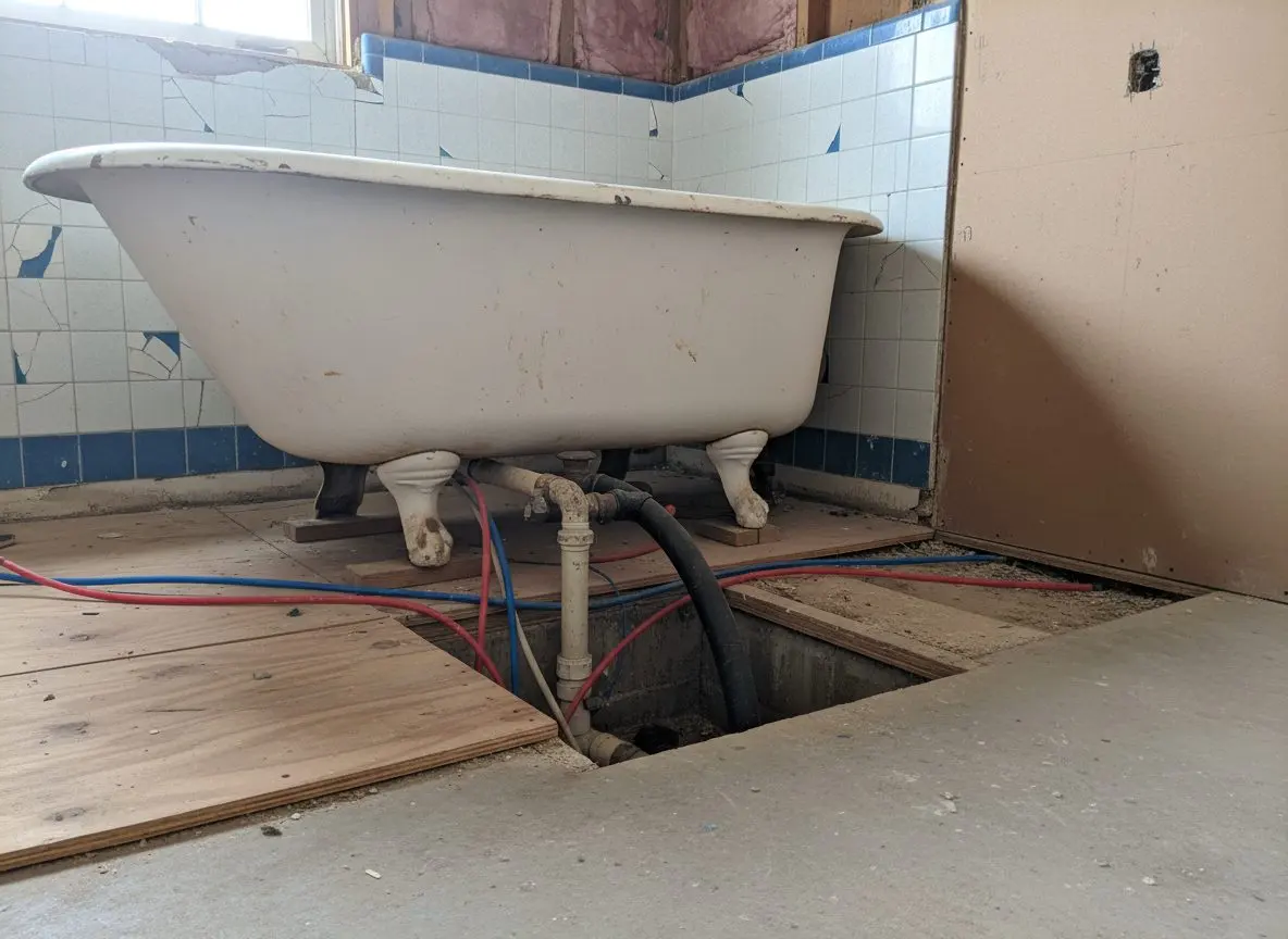 An old tub partway removed, the drain and rough plumbing exposed underneath, before a shower pan goes in.