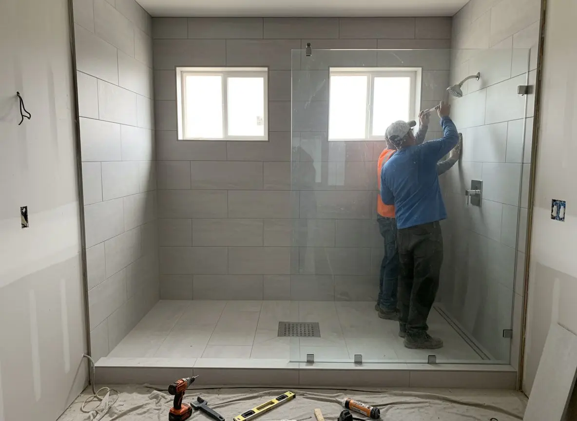 A finished walk-in shower where a tub used to be, tile surround, glass and new drain visible in one shot.
