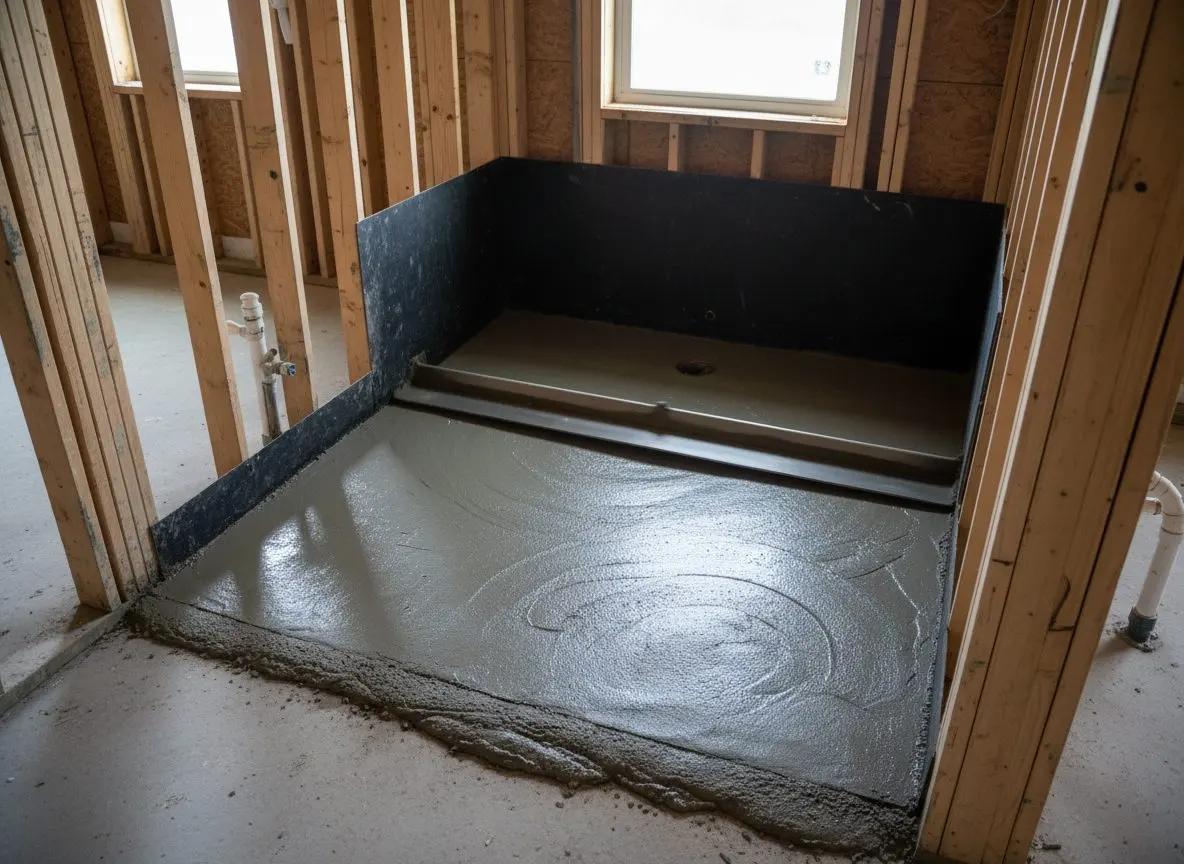 Close shot of a sloped mortar shower pan being floated over a waterproofing membrane, before tile.