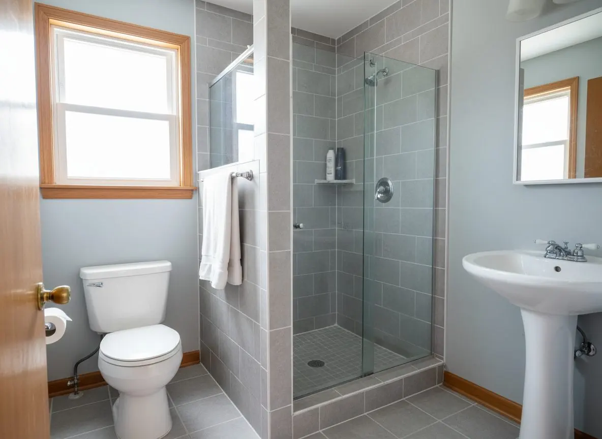 A finished tiled shower and floor in a small bathroom, fully grouted and clean, no tools or dust visible.