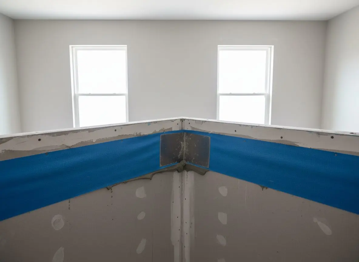 A membrane fabric strip being pressed into a shower corner seam before mortar goes over it.
