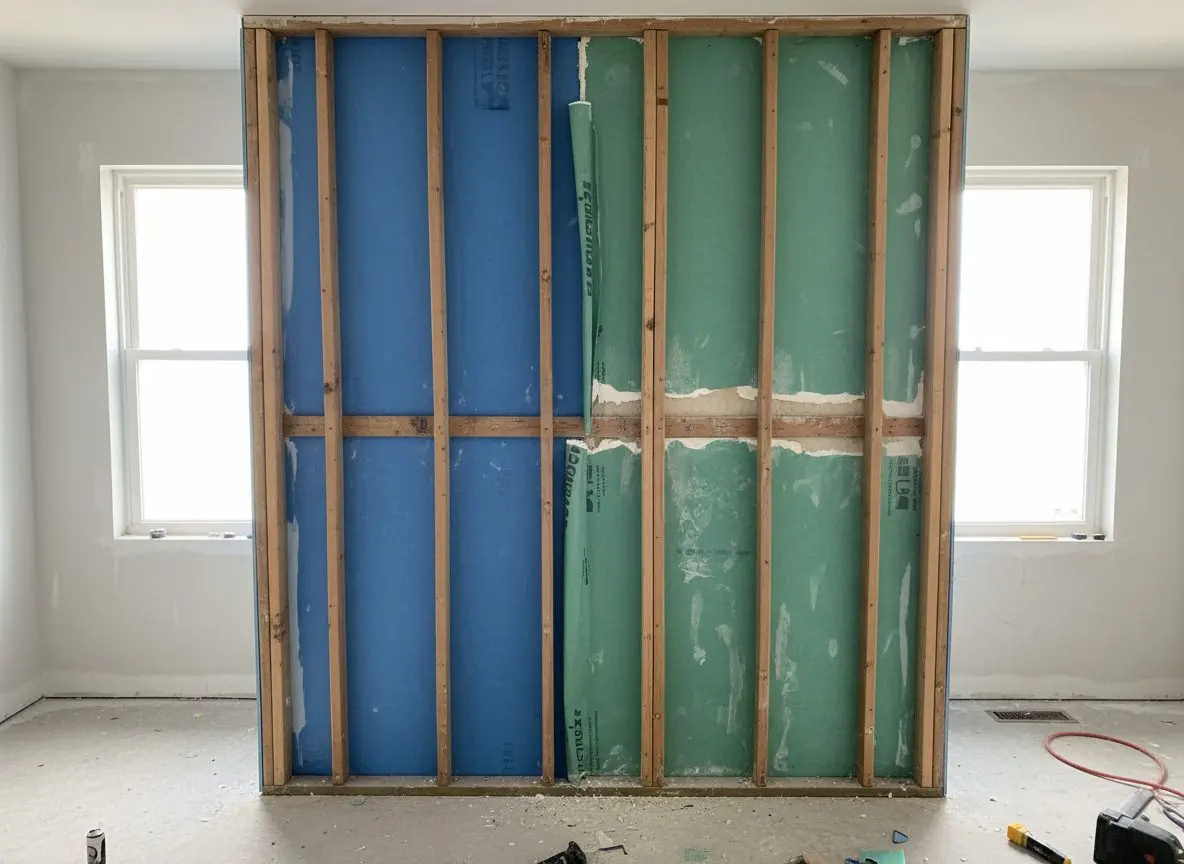 A section of shower wall opened up to bare studs, with waterproofing membrane partly stripped back.