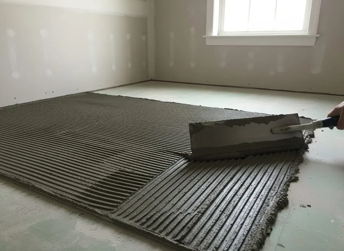 A trowel notching thinset mortar over cement backer board on a bathroom floor.