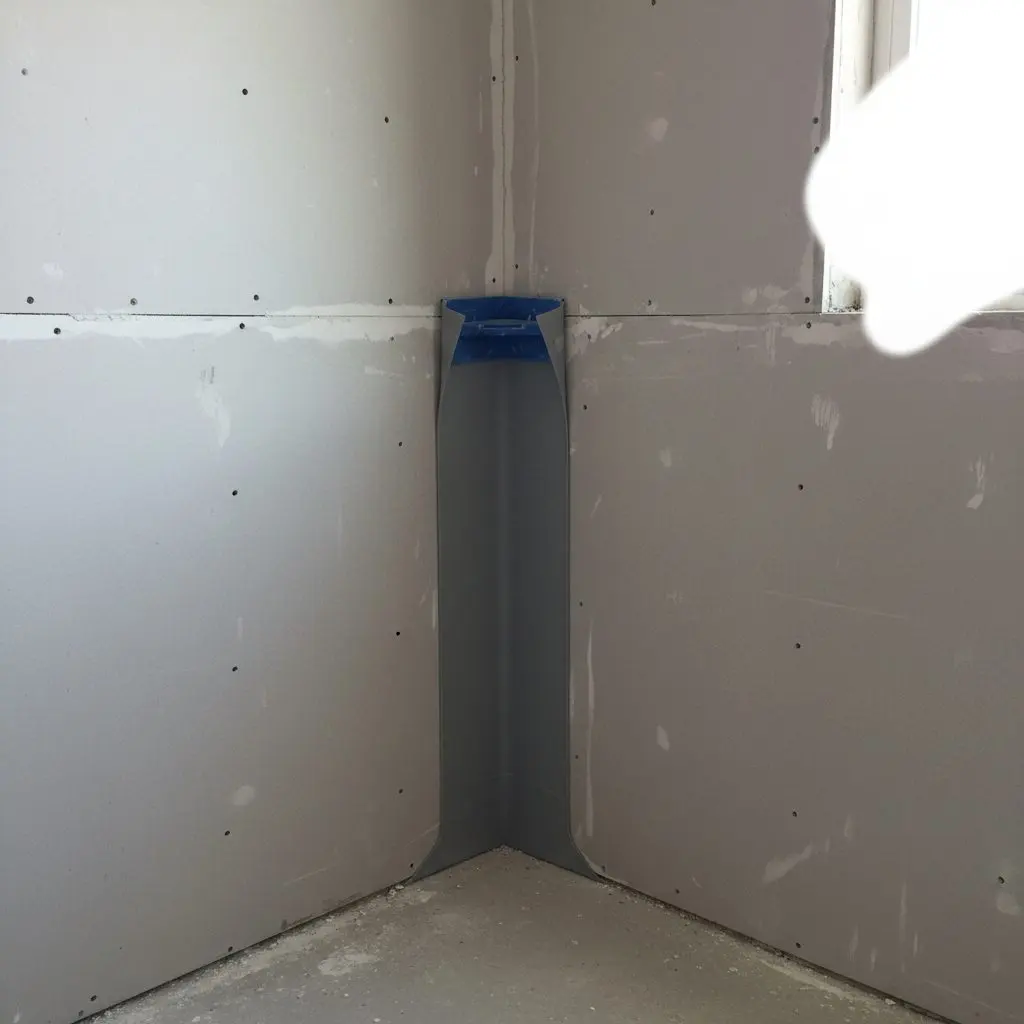 Waterproofing membrane being pressed into a corner seam of a shower stall, close up.