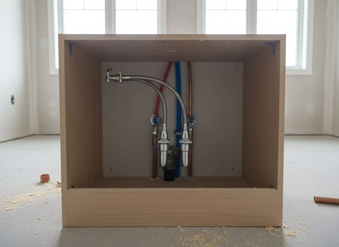 A vanity's water supply lines and shutoff valves visible beneath the cabinet before the countertop is set.