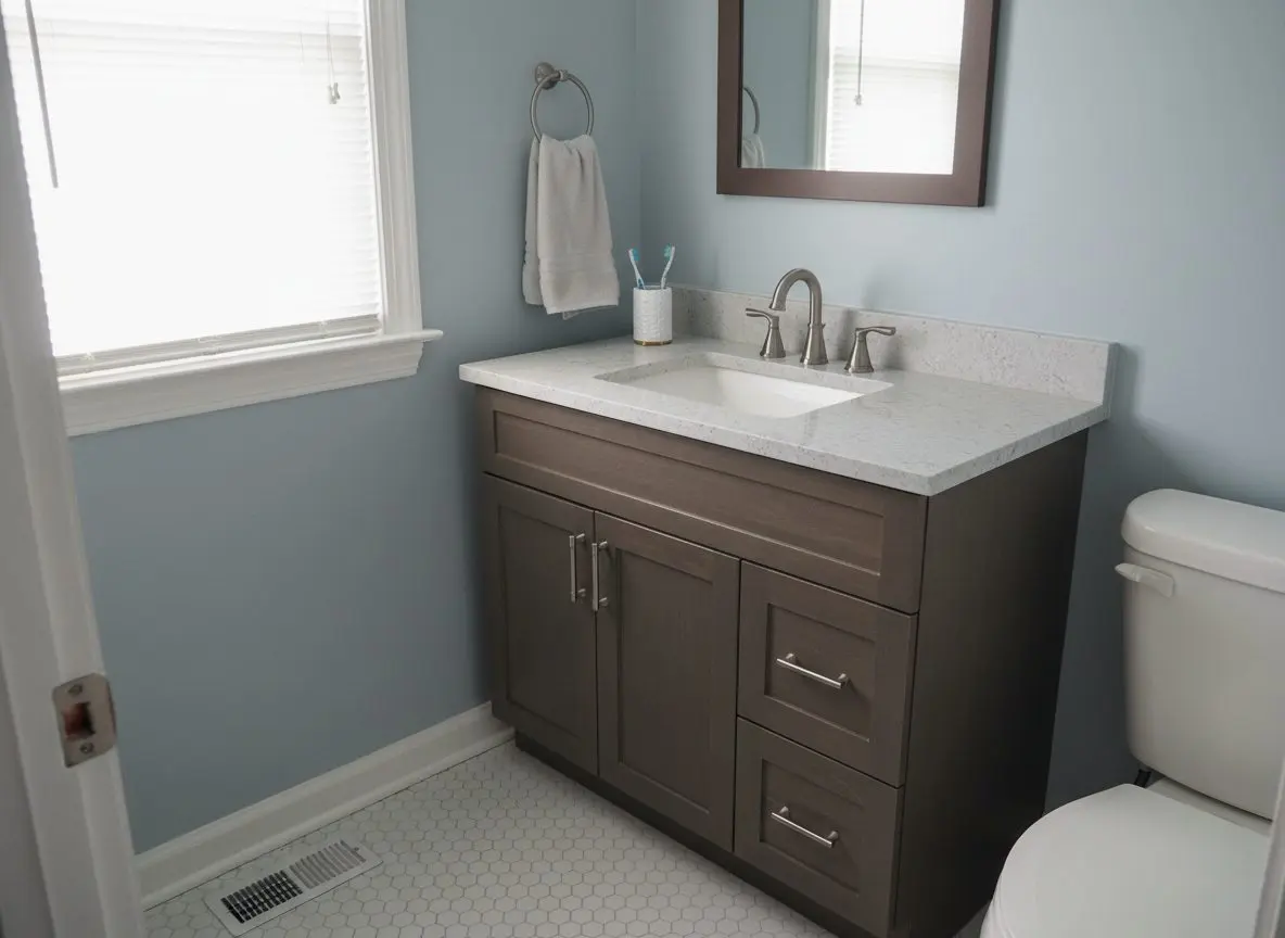 A finished vanity in a small bathroom, countertop and hardware fitted, mirror hung above it, no tools visible.