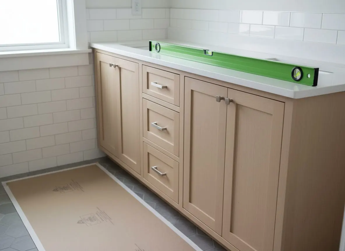 A carpenter checking a vanity cabinet for level against a bathroom floor with a spirit level.
