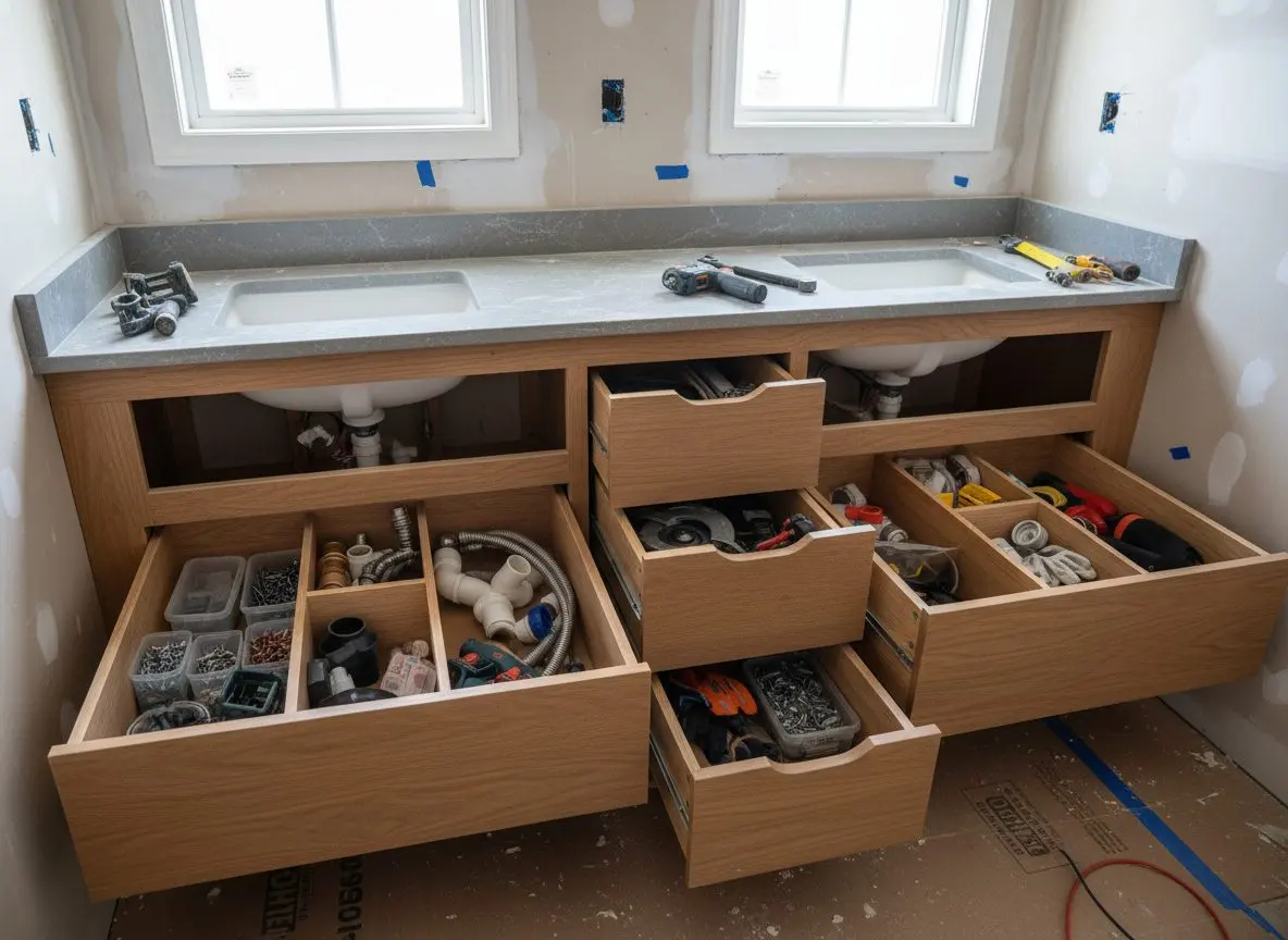 A double vanity set into a bathroom wall, drawers open showing built-in storage dividers.