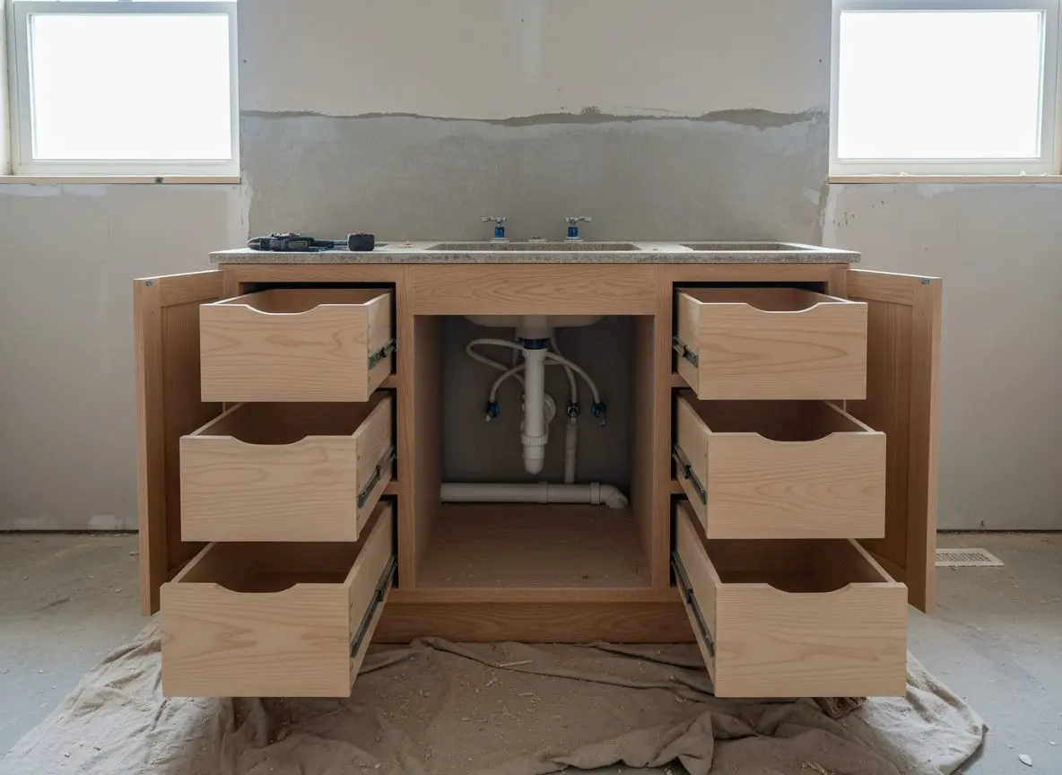 A vanity cabinet with its doors removed, drawer boxes and plumbing connections visible inside.