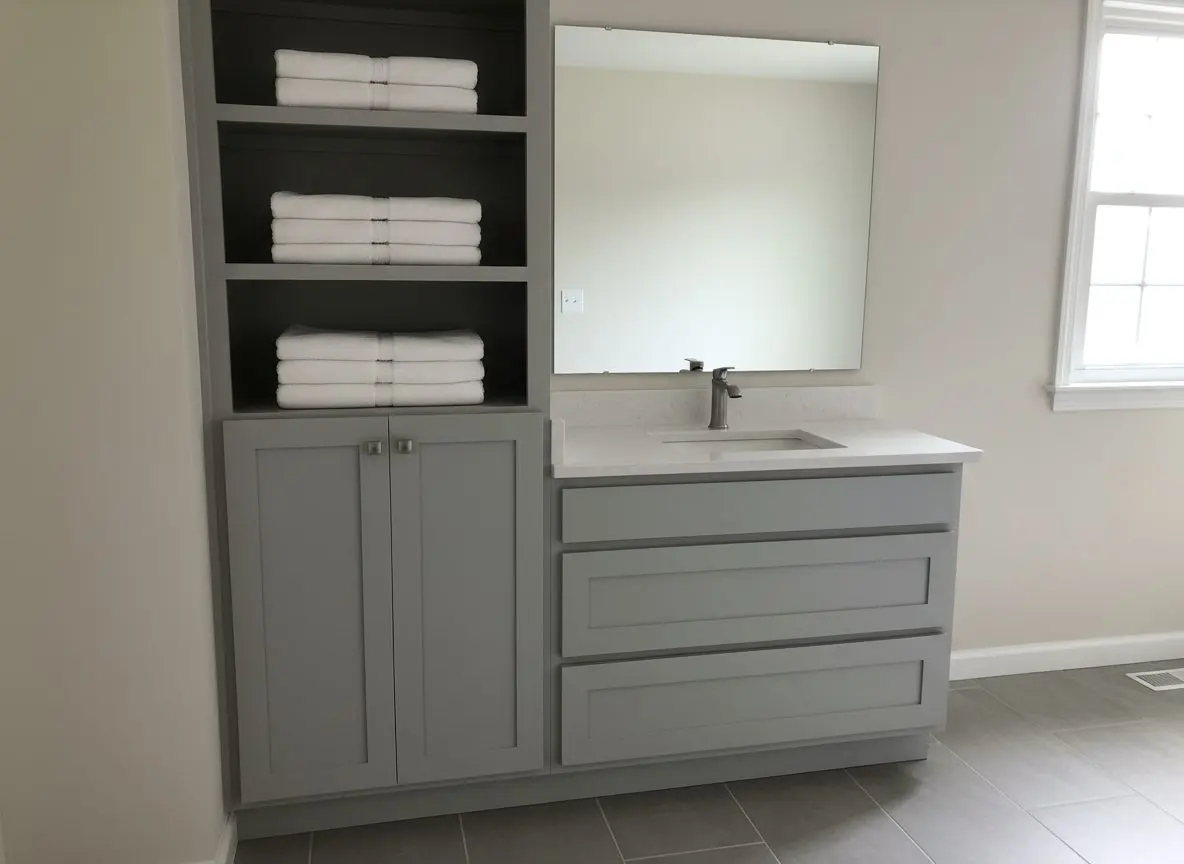 Built-in storage beside a vanity in Easton