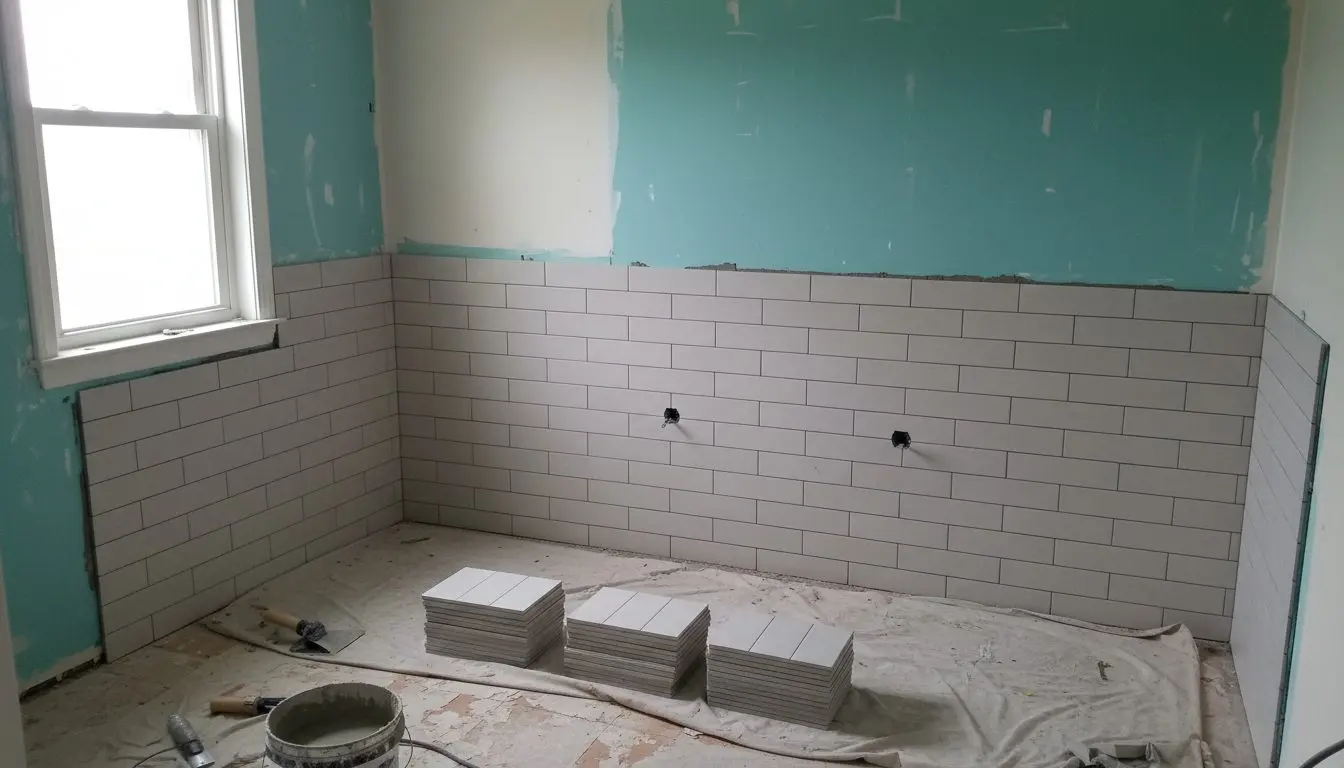 A bathroom part way through a remodel, wall tile going up over a waterproof membrane with the next courses stacked ready.